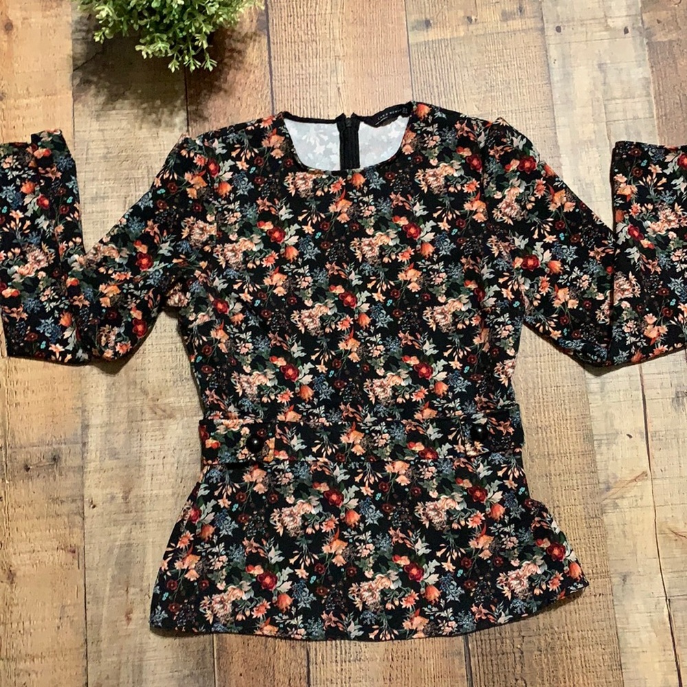 Zara Woman Black Floral Peplum Long Sleeves Round Neck Top Blouse Size Small